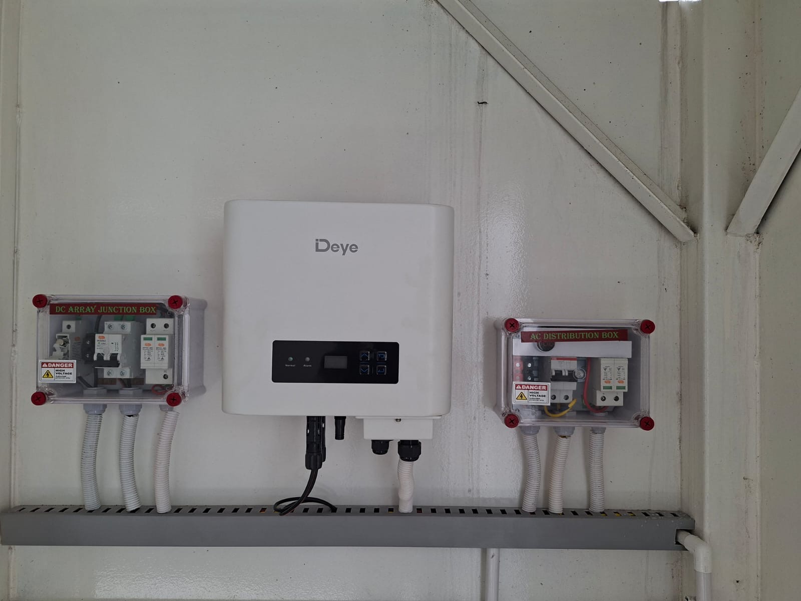 Wall-mounted solar inverter between labelled DC and AC electrical enclosures